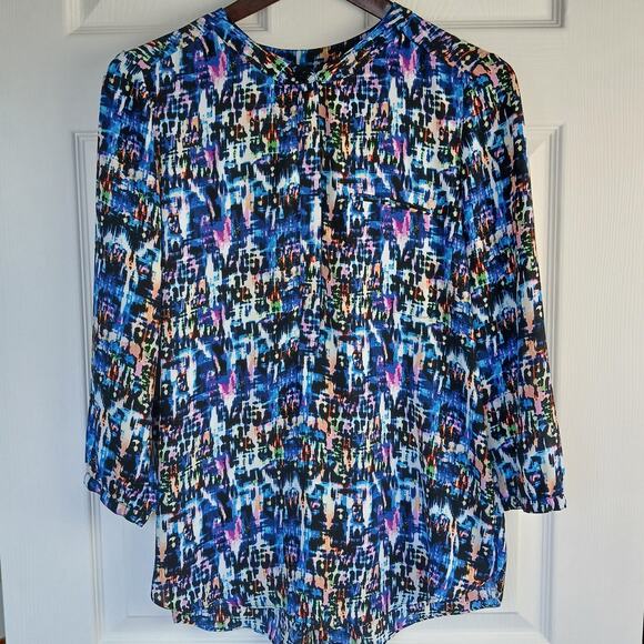 NYDJ Multicolor Pintuck Henley Blouse S pleated back hidden buttons 3/4 sleeves - Picture 1 of 12